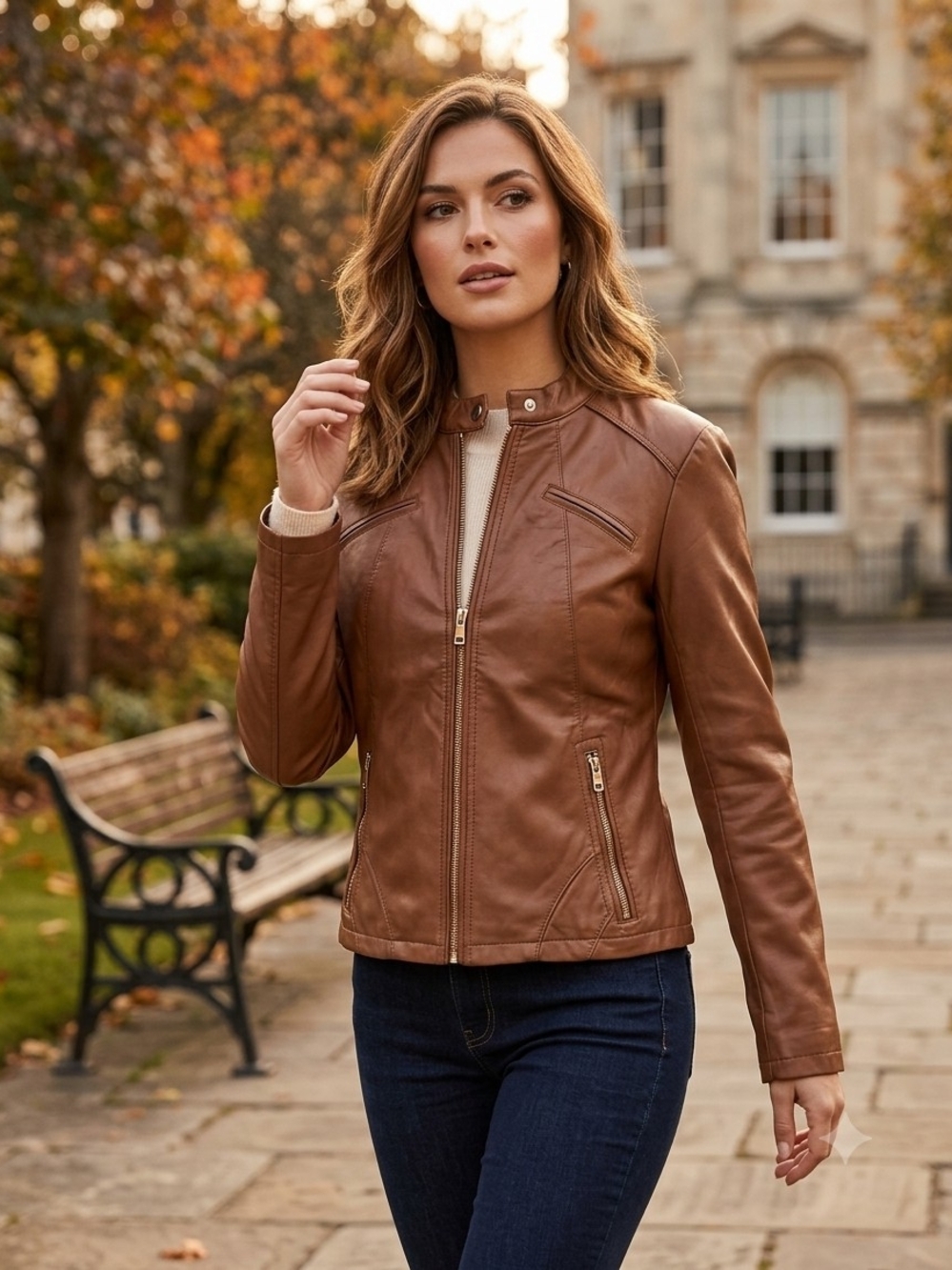 GUESS Cognac Brown Faux Leather Moto Jacket Floral Lining Size L
